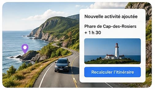 Détour vers une activité ajouté à un itinéraire de voyage routier